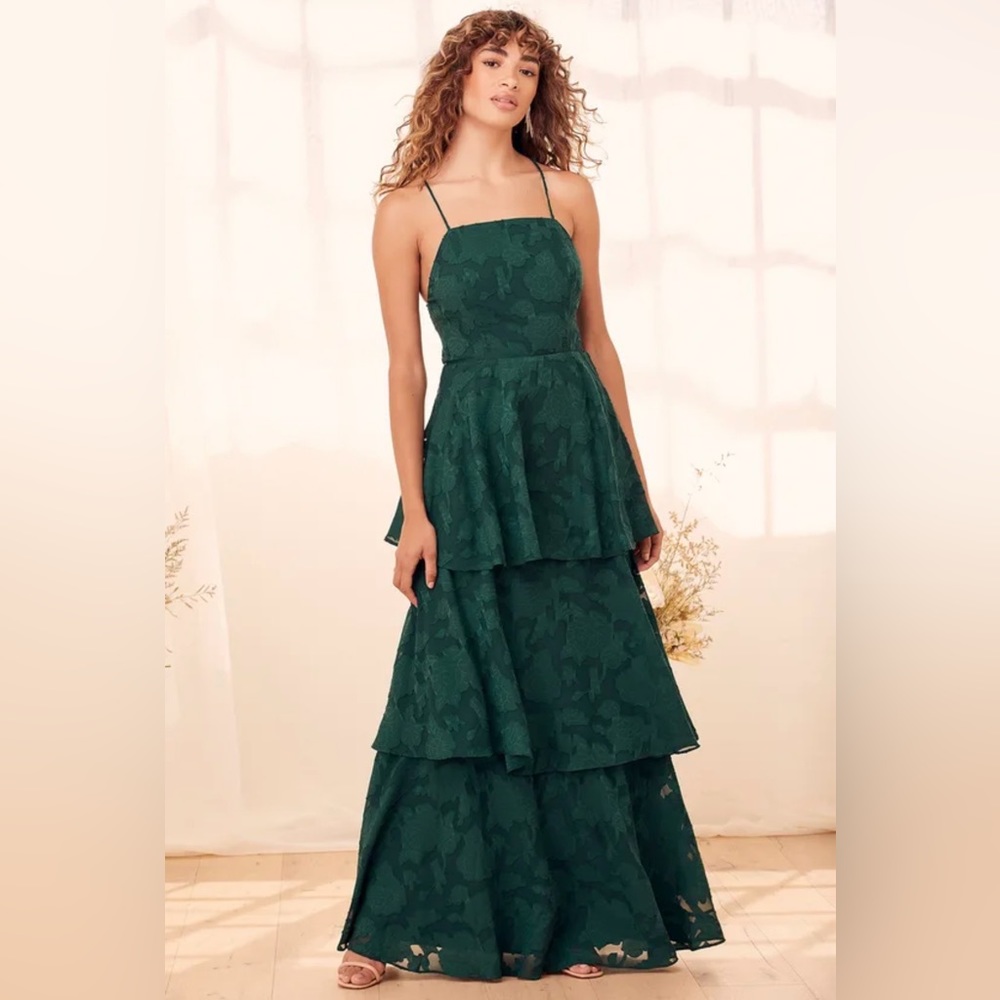 NWT Lulu’s Loving Celebration Emerald Green Lace-Up Tiered Maxi Dress